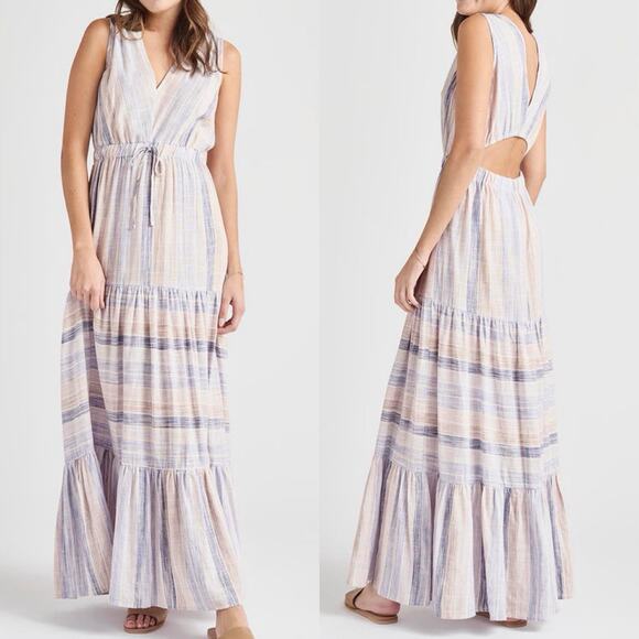 SPLENDID Jade Linen Blend Sleevless Drawstring Maxi Dress XS Ceramic Stripe $198 - Picture 1 of 7